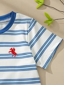Souflis Souflis French Style New White Base Blue Striped Toddler Boys' Round Neck Short Sleeve T-Shirt With Contrast Embroidered Graphic, Fashionable Casual, Refined, Versatile, Suitable For School, Outings And More Occasions Toddler Summer Clothes Stripe Tshirt Tshirt For Baby Boy - Multicolor - View 9