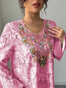 Yasmyna Đầm nữ cổ chữ V tay dài đính sequin thêu họa tiết nhiều màu sắc, dáng rộng, thanh lịch, lãng mạn theo phong cách Ả Rập. - Hồng - Xem 5