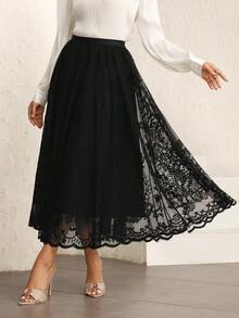 Modelyn Black Elastic Waist Lace Loose Skirt For Women - Black - View 5