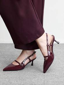 CUCCOO BIZCHIC 女士平底单鞋，酒红色漆皮尖头镂空凉鞋，后跟可调节搭扣，适合职场通勤穿着 - 酒紅色 - 查看 4