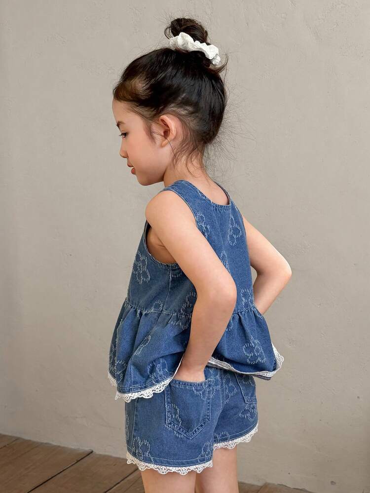 2pcs Young Girls Crew Neck Sleeveless Denim Top And Denim Shorts Set, Fall Outfit