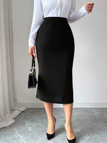 Elenzga Chân váy bút chì xếp ly ôm sát thanh lịch dành cho nữ - màu đen - Xem 2