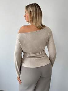 Auralis Plus Size Casual Pleated Oblique Shoulder Long Sleeve T-Shirt, Autumn Spring Women Spring T-Shirt For Women - Apricot - View 3