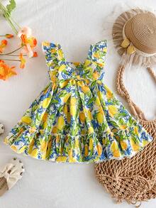 SHEIN Babygirl Cute Floral Print Ruffle Hem Casual Vacation Dress - Multicolor - View 1