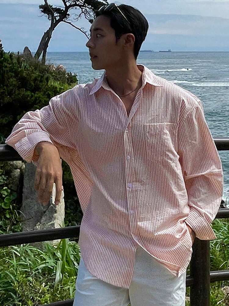 Pink Striped Long Sleeve Shirt For Men, Spring Summer
