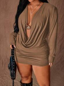 Rustia 性感深V领长袖弹力紧身加大码连衣裙 - 摩卡棕 - 查看 1