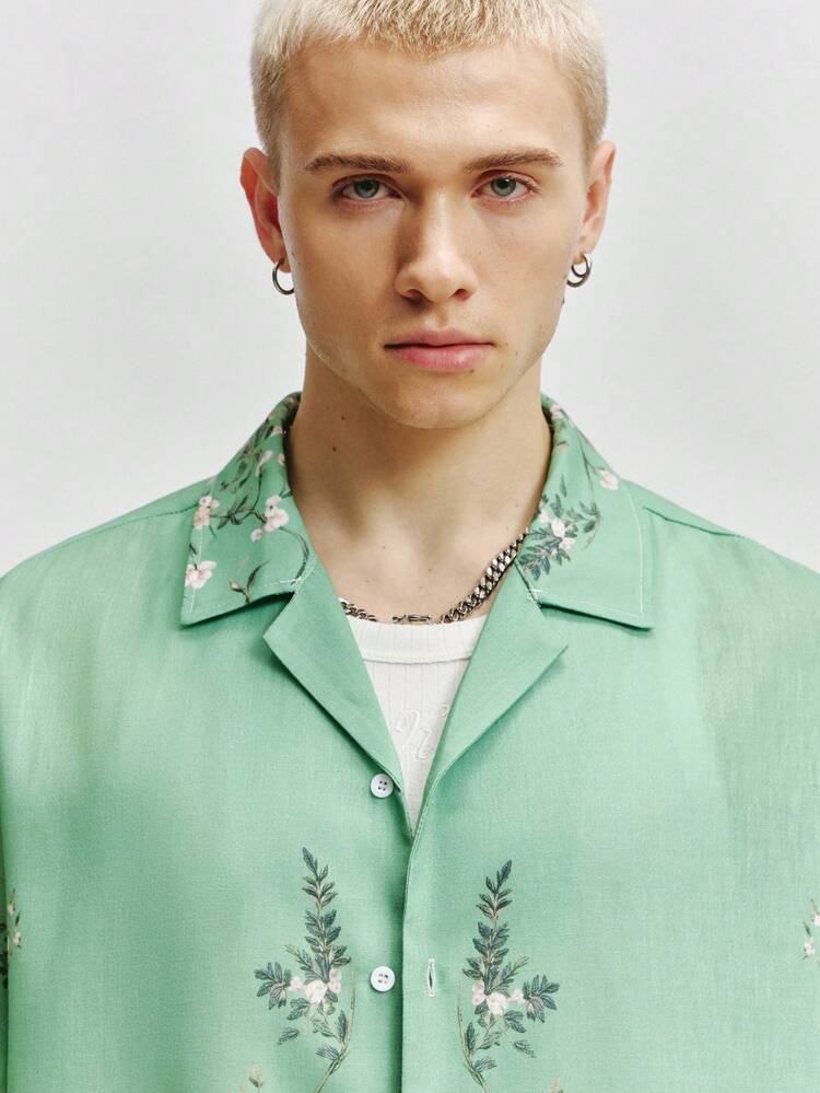 TOKVUE Men's Mint Green Floral Vine Print Linen-Look Short Sleeve