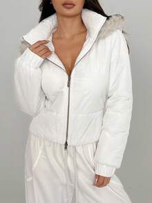 Flirla Women's Casual Fashion Hooded Contrast Color Fur Trim Zip-Up Padded Coat, Suitable For Autumn/Winter - White - View 4