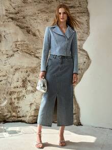 MOTF PREMIUM WOMEN'S TURNDOWN COLLAR DENIM BIKER JACKET, SHORT STYLE, AUTUMN/WINTER - Blue - View 3