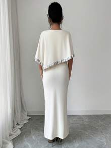 SHEIN Clasi Elegant Casual Color Block Batwing Sleeve Sequin Decor Round Neck Cape Dress For Women, Spring/Summer - Apricot - View 2