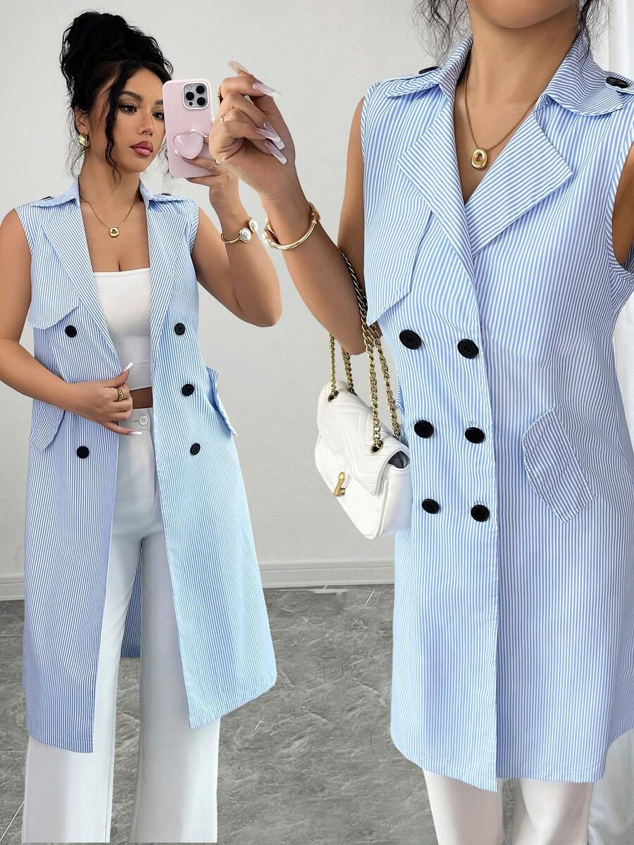 SHEIN Elenzya 女士优雅蓝白条纹无袖长款开衫风衣，适合日常通勤 - 彩色 - 查看 1