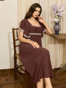 Côtesoire Contrast Color Lace Patchwork Jacquard Square Collar Oversized Short Sleeve Long Nightgown Home Dress For Women Women Pajama Dress Sleep Wear Women Dress Lounge Dress For Women Women Lounge Dress Women Sleepwear Dress - Coffee Brown - View 4