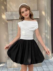 SHEIN Tween Girls'black And White Short Sleeve T-Shirt Set,Summer Tea Party Colorblock Energetic Design Comfortable Fabric Matching Skirt,Campus Casual - Black and White - View 1