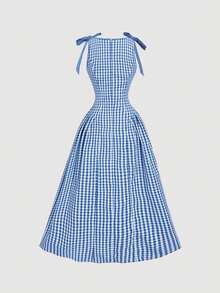 SHEIN MOD Đầm không tay cổ tròn kẻ caro đỏ với nơ trang trí và chân váy xòe, thích hợp cho dịp Giáng sinh và Năm mới. - Màu xanh nhạt - Xem 3
