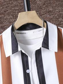 SHEIN Vacaura 2pcs/Set Toddler Boys' Colorblock Short Sleeve Top And Solid Shorts Set - Brown - View 5