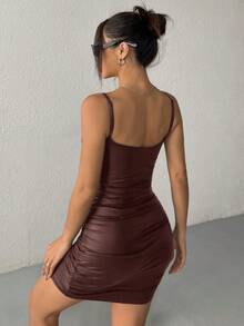 SHEIN EZwear 女士性感深棕色朋克音乐节PU开衩针织吊带裙 - 巧克力棕 - 查看 2