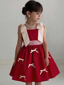 SHEIN Vestido de niña con contraste de color y lazo tejido - Blanco - Ver 3