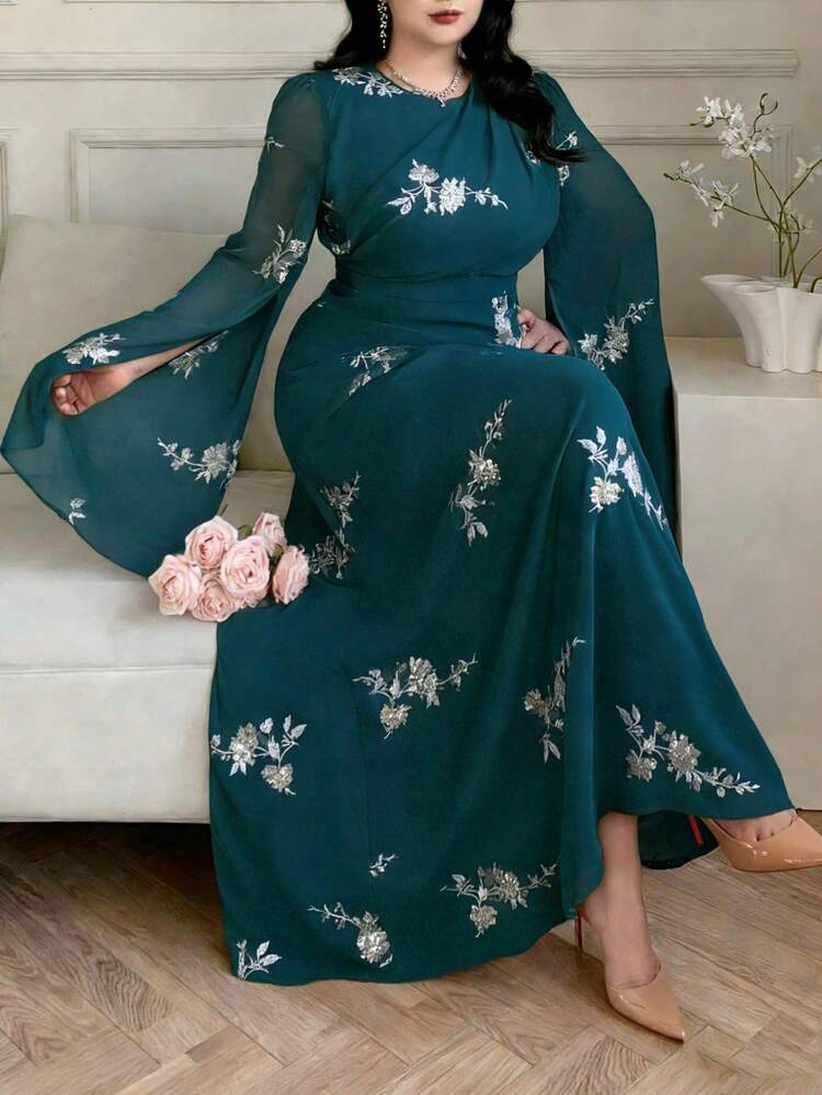 Dazy Plus Plus Size Women Elegant Sequin Embroidered Chiffon Flare Sleeve Dress, Spring/Summer Sundress Floral Dresses For Women