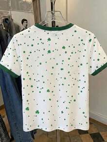 SHEIN EZwear 女士休闲四叶草心形印花撞色滚边短袖T恤，夏季简约圆领宽松版型女式T恤 - 彩色 - 查看 2