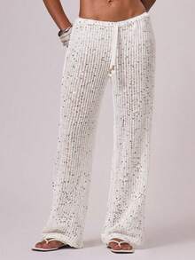 Musera Resort 女士抽绳腰带亮片宽松阔腿沙滩罩衫裤度假夏季优雅沙滩装波西米亚伊比沙春季节日 - 白色 - 查看 2