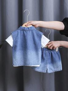 SHEIN Baby Boy 3-Piece Set: White Round Neck Short Sleeve Top, Sleeveless Denim Vest Jacket, And Shorts, Simple Style With Denim Pattern, Fashionable Design, Suitable For Outdoor Play And Casual Home Wear, Creating A Stylish Little Kid - Multicolor - View 2