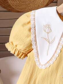 SHEIN Elladie kids Young Girl Lace Patchwork Front Button Contrast Color Ruffle Hem Short Sleeve Dress - Yellow - View 5