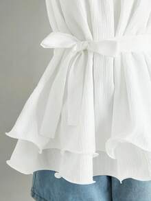Resyla Camiseta sin mangas de unicolor con volantes en el bajo, con cintura anudada, adecuada para usar de vacaciones - Blanco - Ver 5