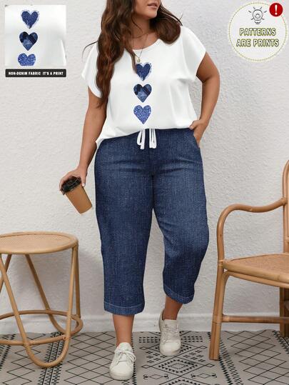 EMERY ROSE Plus Size Women's Heart Print Bat Sleeve Top And Drawstring Waist Long Pants 2 Piece Set, Casual, Vacation, Daily Commute, Spring/Summer/Autumn