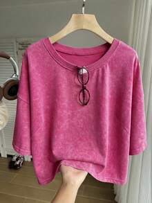 Comfortcana Plus Size Fuchsia Washed Snow Flower Cotton Short Sleeve T-Shirt, Spring - Hot Pink - View 3