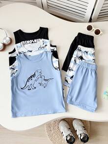 Playful Pals Set de 6 piezas de chaleco sin mangas y pantalones cortos de cintura elástica para niños pequeños, con estampados de dinosaurios, letras, rayas y palmeras, para uso casual diario y playa, para primavera/verano - Multicolor - Ver 9