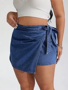 SHEIN CURVE+ 大码女装夏季休闲度假日常通勤系带牛仔迷你裙复活节裙节日裙优雅裙派对沙滩装女装毕业裙优雅裙女装休闲裙女装度假装女装沙滩度假装女装蓝色裙子女装大码系带牛仔短裤夏季休闲蓝色牛仔短裤 - 淺色水洗藍 - 查看 3