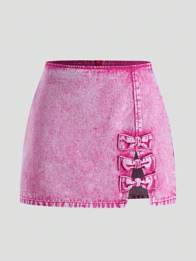 SHEIN MOD Women's Cute Bow Decor Side Slit Short Fashionable Pink Denim Mini Skirt