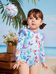 Baby Girls Mermaid Ruffled One-Piece Swimsuit With Hat, Knitted Fabric, Cute Casual Beachwear, Suitable For Swimming, Summer Vacation, Beach, Pool, Holiday Party - Multicolor - View 3