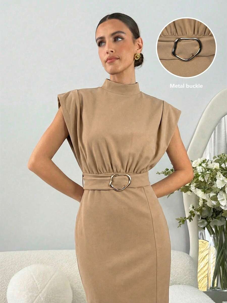 Lavishia Đầm nữ cao cấp, thanh lịch, dài ngang gối, vai rộng, thích hợp cho các buổi tiệc, đi chơi và đi làm. - Màu Khaki - Xem 1