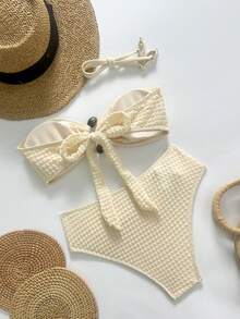 Swim Vcay Women's Bikini Set,Textured Fabric,Apricot Color,Strapless Removable Strap,Metal S-Shaped Decor,Elegant Swimwear,White,Summer,Casual,Vacation,Holiday - Apricot - View 5