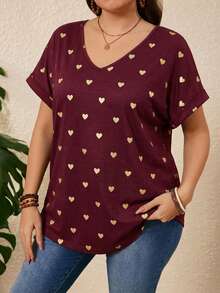 Rosumi 女士加大码爱心印花V领蝙蝠袖短袖T恤，夏季度假V领上衣，外出上衣 - 酒紅色 - 查看 6