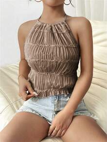 SHEIN 女士夏季简约纯色褶皱露背系带吊带衫 - 咖啡棕 - 查看 4