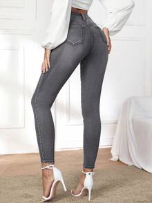 SHEIN Privé 女士休闲高腰修身牛仔裤，百搭实用，适合日常通勤 - 灰色 - 查看 2