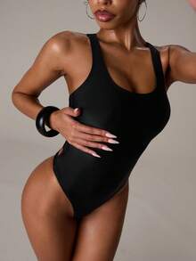SHEIN BAE Damen Sommer Urlaubs Strand Badeanzug mit Cut-Out-Muster - Schwarz - Übersicht 5
