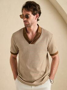Core Aspect Camisa polo de cuello en V cómoda con diseño de rayas para hombres, versátil para primavera/verano, adecuada para uso casual, de negocios y diario/Camisa polo de rayas/Camisa polo de punto de rayas casual para hombres con cuello clásico y manga corta/Camisa polo de cuello en V de rayas marrón y blanco retro para hombres - Punto elástico, casual para citas y atuendos, corte slim para caballeros modernos Ropa de hombre de estilo terroso Camisas de ganchillo para hombres Camisas de punto para hombres Ropa de verano para hombres - Caqui - Ver 7