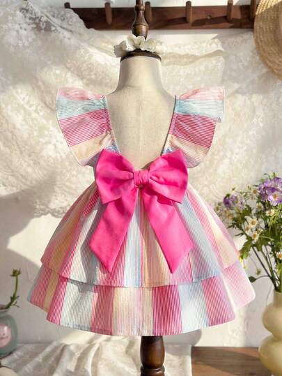 LMoss Kids 女婴方领可爱短袖条纹蝴蝶结连衣裙