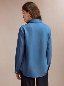 BizChic Áo sơ mi nữ mùa xuân/hè mới, thêu hình trái tim, phối màu tương phản, cài cúc phía trước, màu xanh & đỏ. - Màu xanh lam - Xem 3