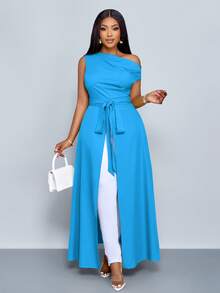 SOLERSUN Women's Plus Size Asymmetrical Neck Blouse Split Thigh Tie Front One Shoulder Shirts - Teal Blue - View 6