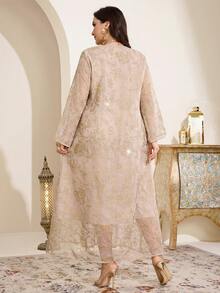 Al Najma Plus Size Women Pleated Floral Tassel Design Elegant Casual Party Holiday Flare Sleeve Dress - Beige - View 2