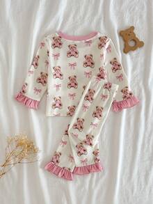 Loomiva Conjunto de 2 piezas de top de manga larga de cuello redondo y pantalones de cintura elástica con estampado de animales de dibujos animados para bebé niña - Rosa - Ver 2