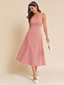 Amorya 女士夏季休闲优雅纯色吊带连衣裙 - 珊瑚粉 - 查看 6