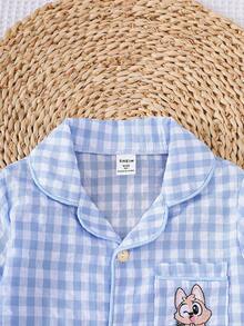 2 件套幼儿男童纽扣长袖衬衫和长裤，蓝白格纹图案，带可爱小狗刺绣，四季皆宜 - 藍白色 - 查看 3