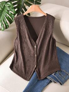 CosyJoli Atasan Wanita Ukuran Besar Model V-Neck Kancing Tunggal Kasual Serbaguna untuk Pemakaian Sehari-hari - Coffee Brown - View 1