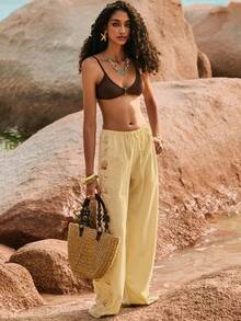 Poéselle 女士休闲度假贝壳印花抽绳腰长裤，夏季 - 黃色 - 查看 5