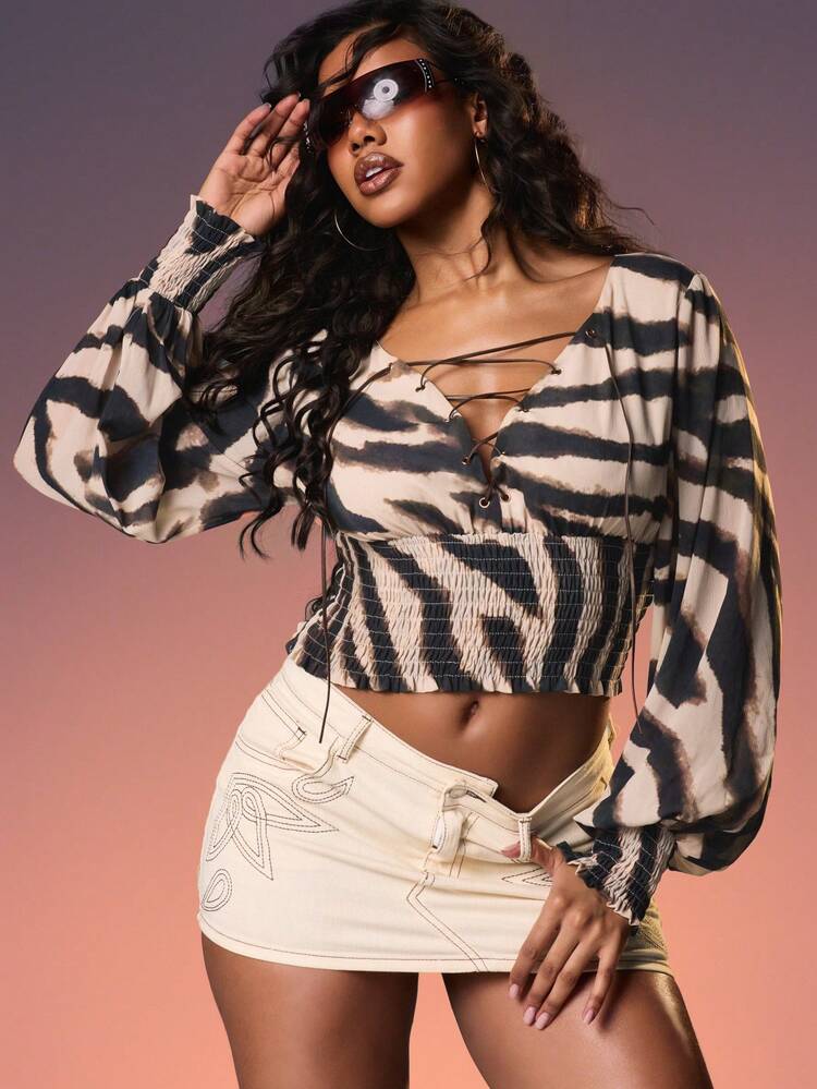 MISSGUIDED Lace Up Front Tie Dye Stripe Long Sleeve Smocked Waist Blouse Fall Casual Boho Crop Top